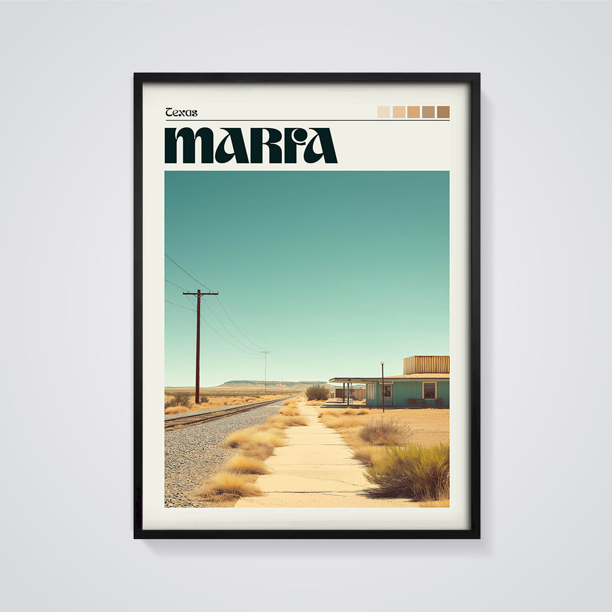 Marfa Texas Desert Print framed in black on a grey background