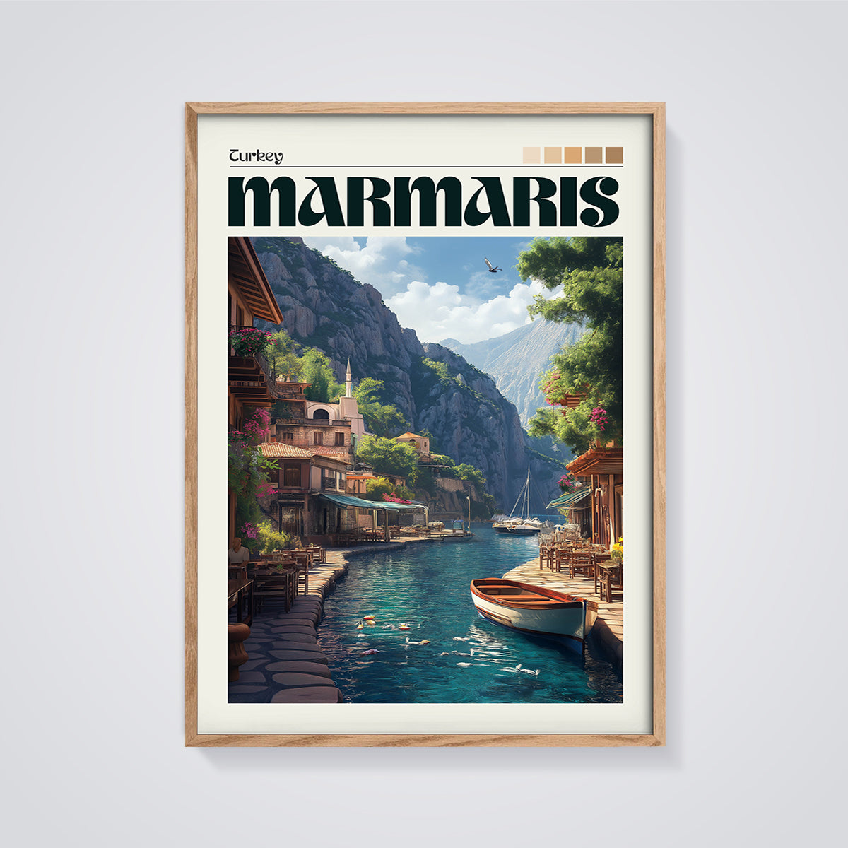 Marmaris Turkey Harbor Print framed in oak on a grey background