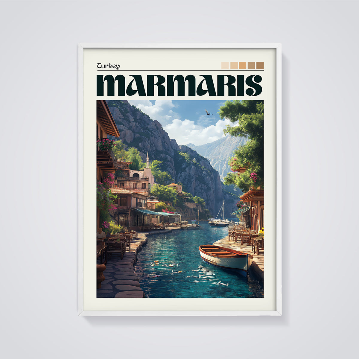 Marmaris Turkey Harbor Print framed in white on a grey background