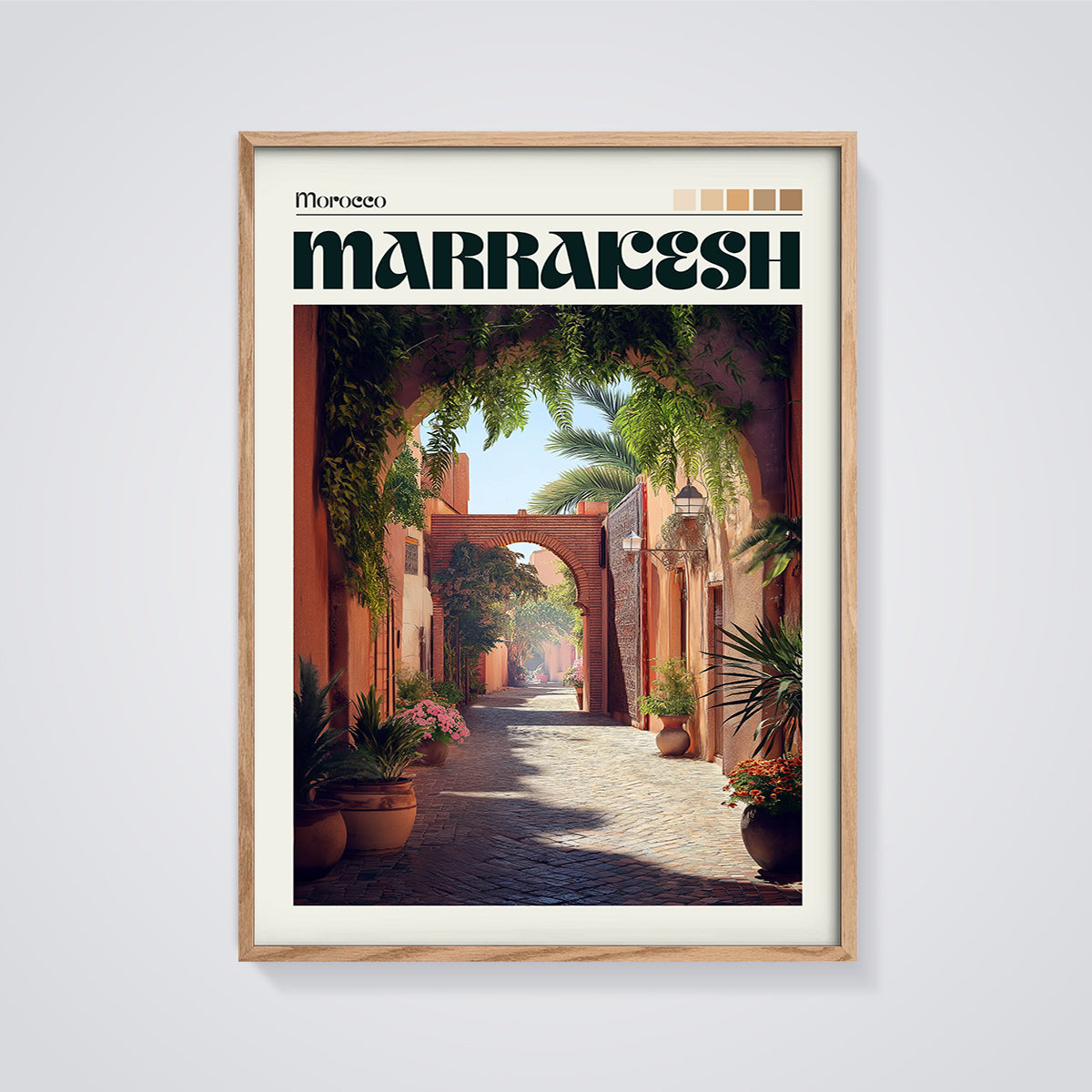 Marrakesh Archway Street Print framed in oak on a grey background