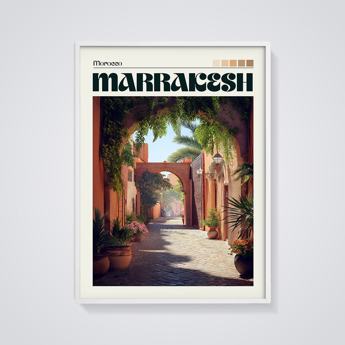 Marrakesh Archway Street Print framed in white on a grey background