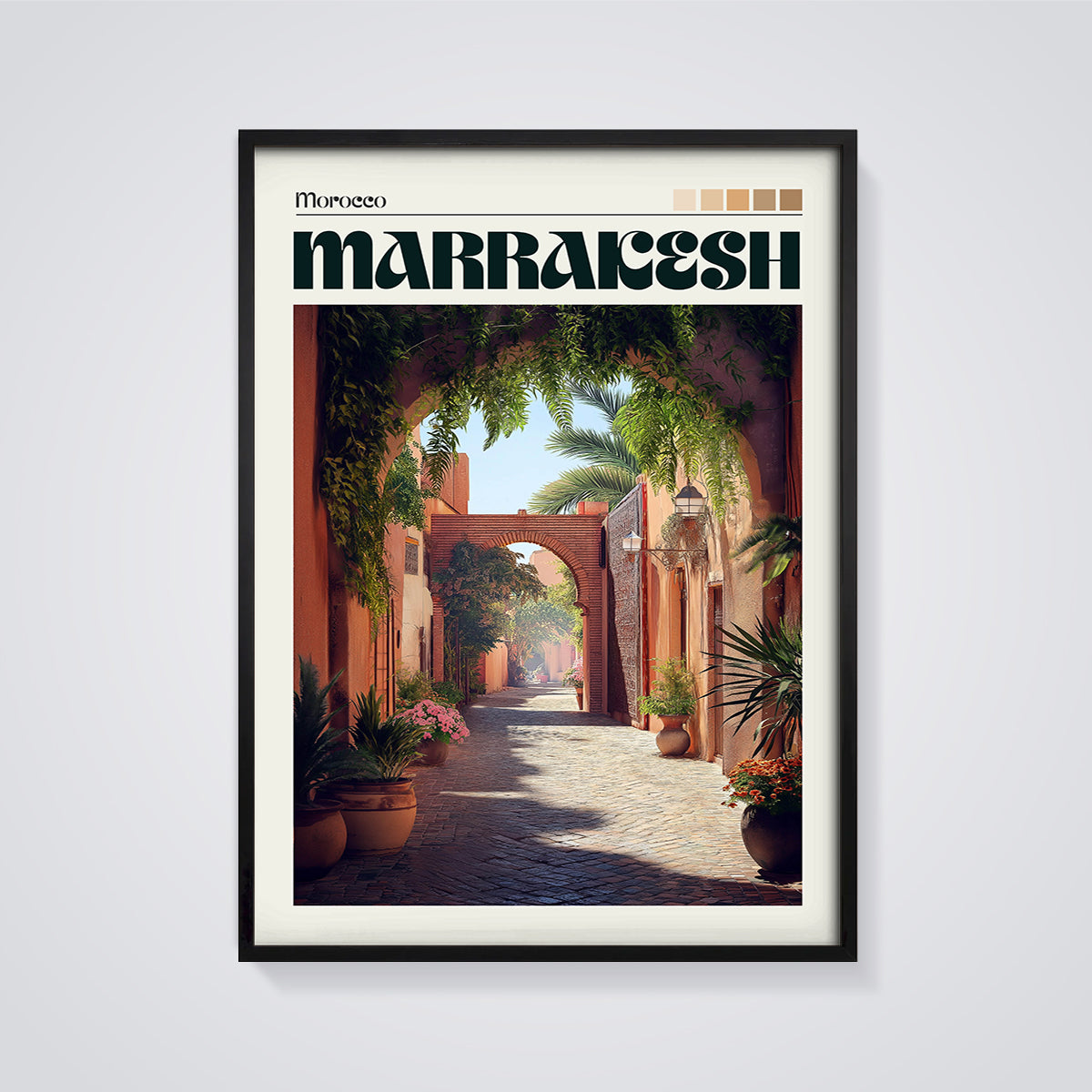 Marrakesh Archway Street Print framed in black on a grey background