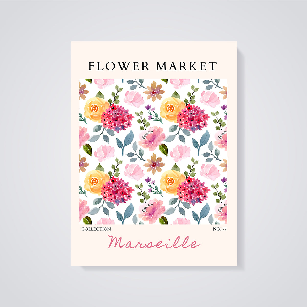 Marseille Flower Market Floral Print unframed on a grey background