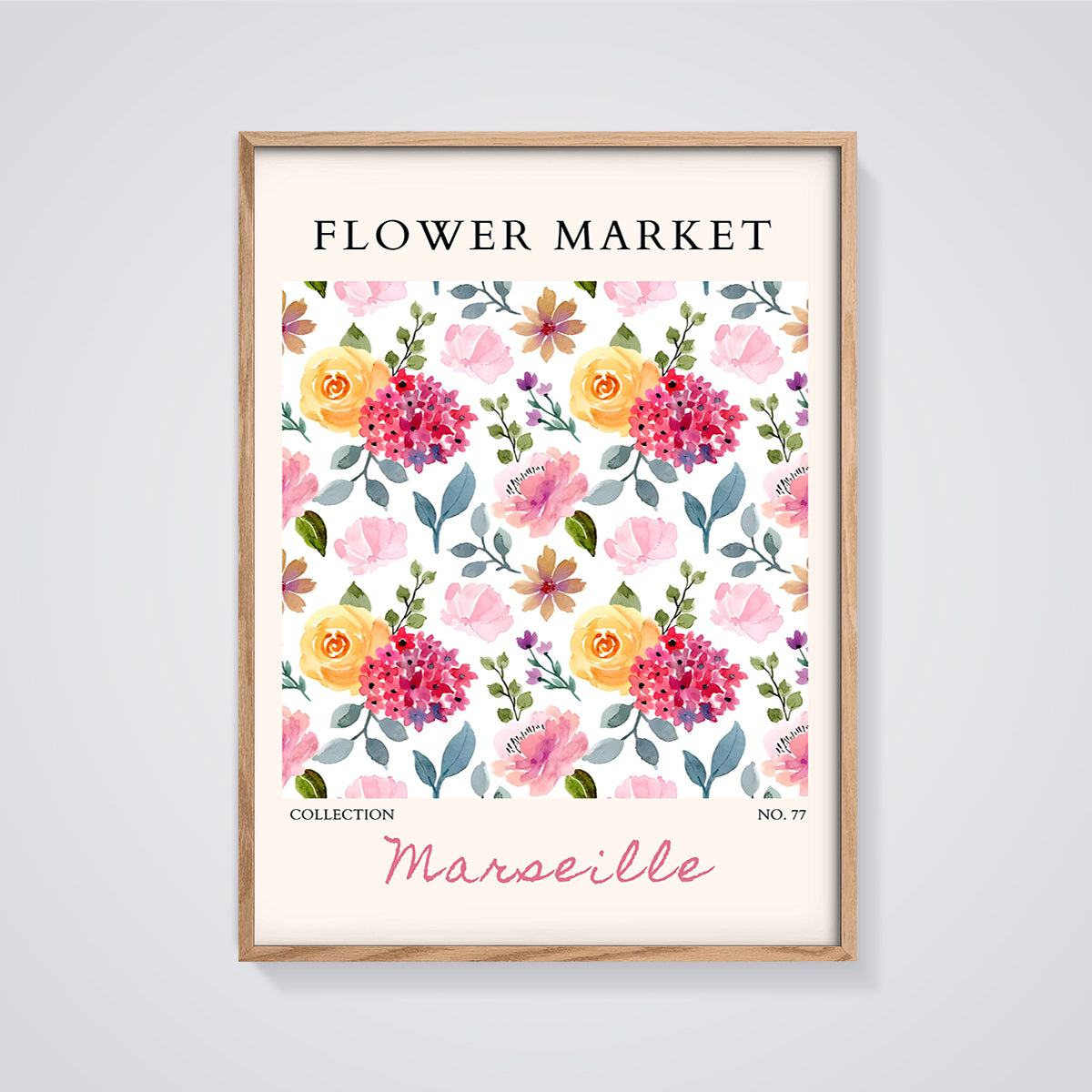Marseille Flower Market Floral Print framed in oak on a grey background