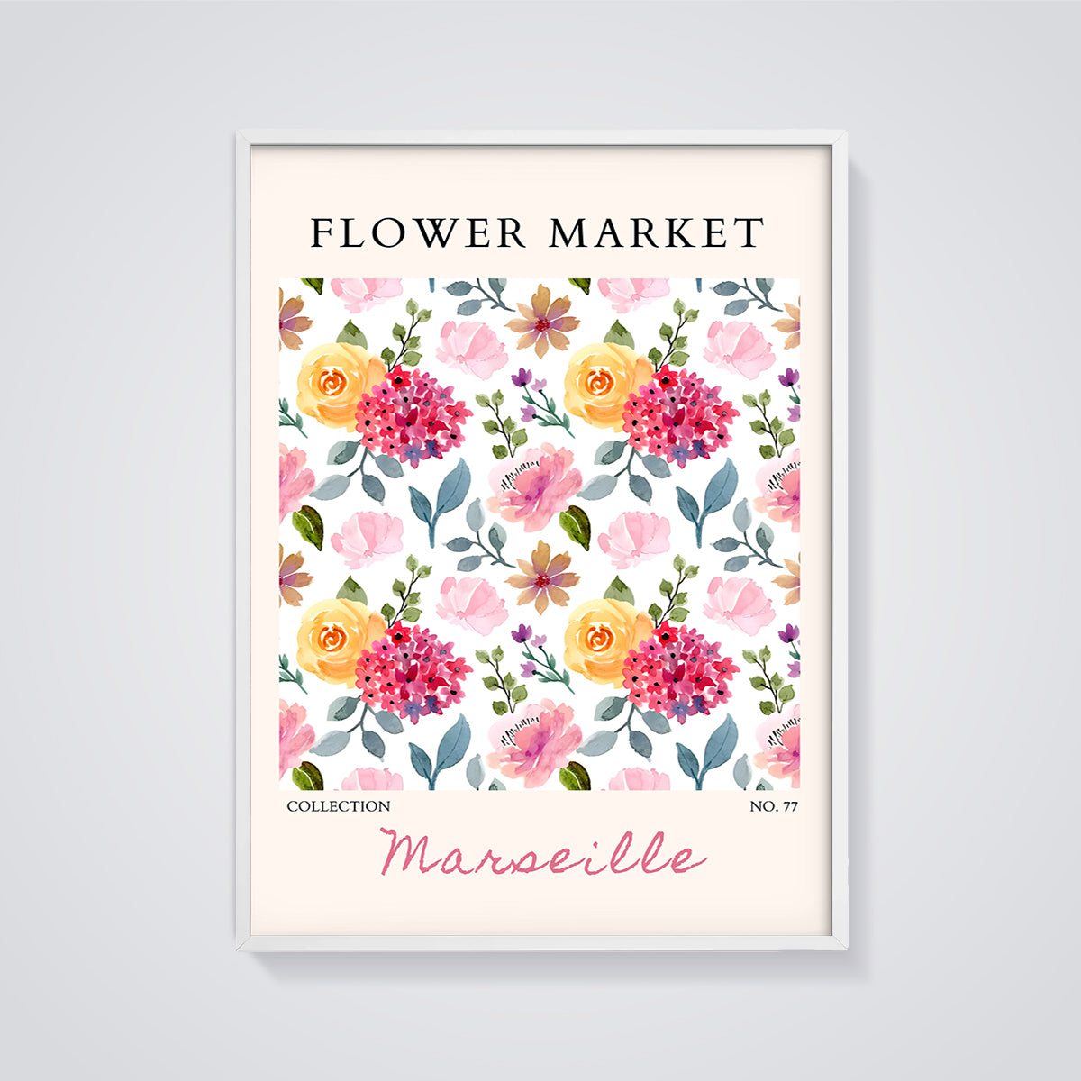 Marseille Flower Market Floral Print framed in white on a grey background