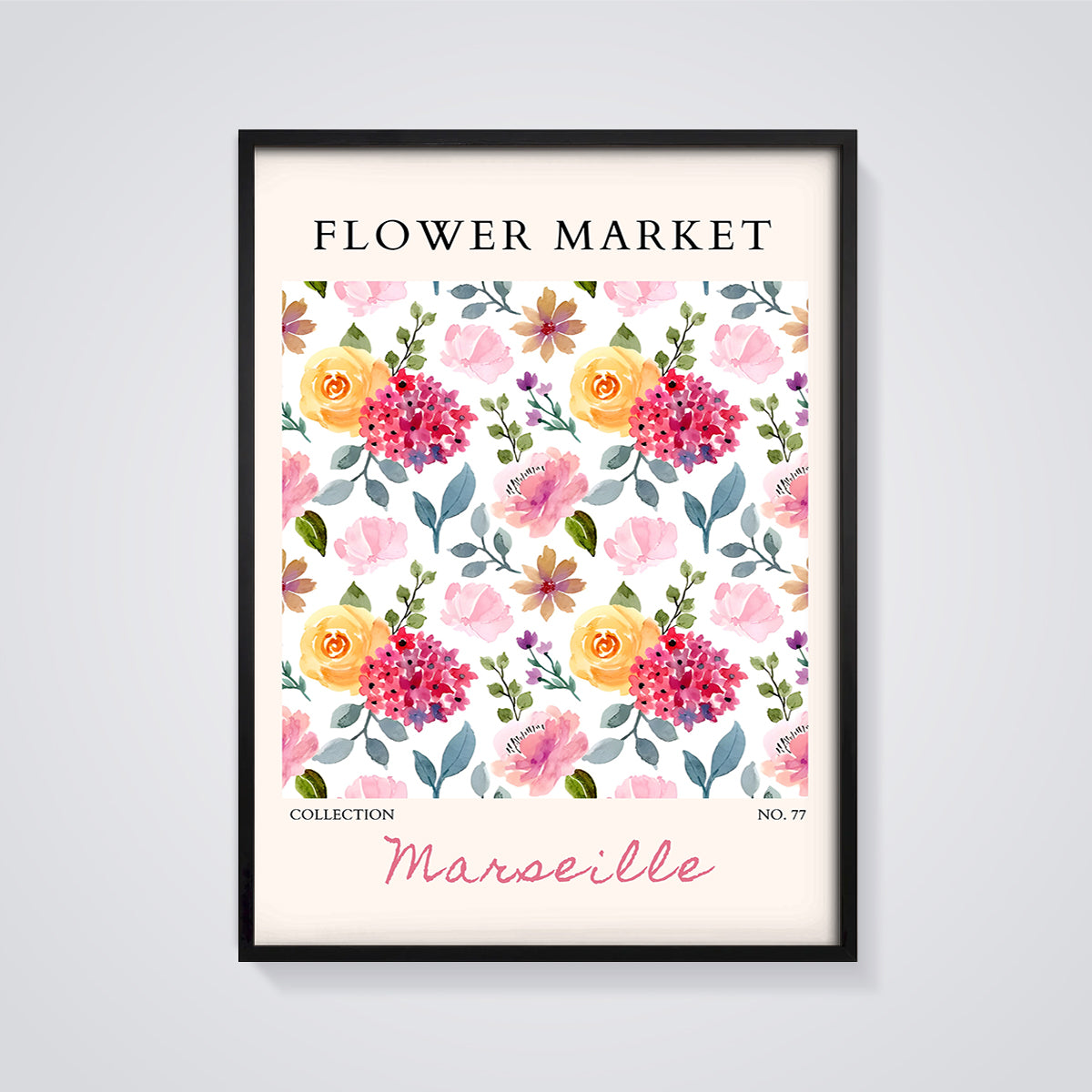Marseille Flower Market Floral Print framed in black on a grey background