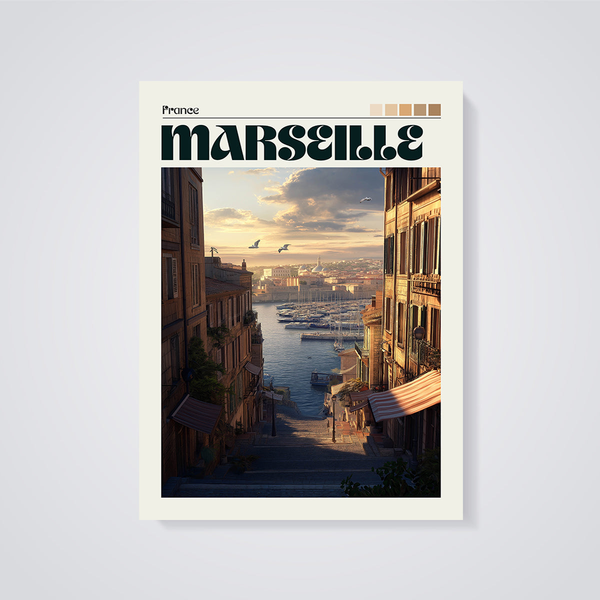 Marseille France Harbor View Print unframed on a grey background