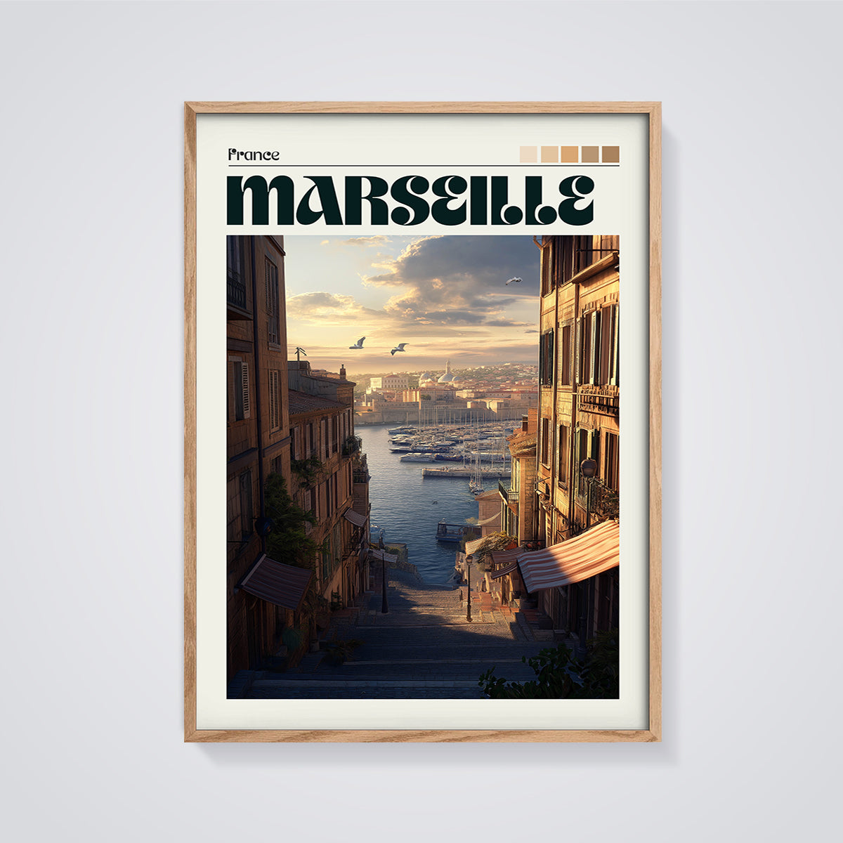 Marseille France Harbor View Print framed in oak on a grey background