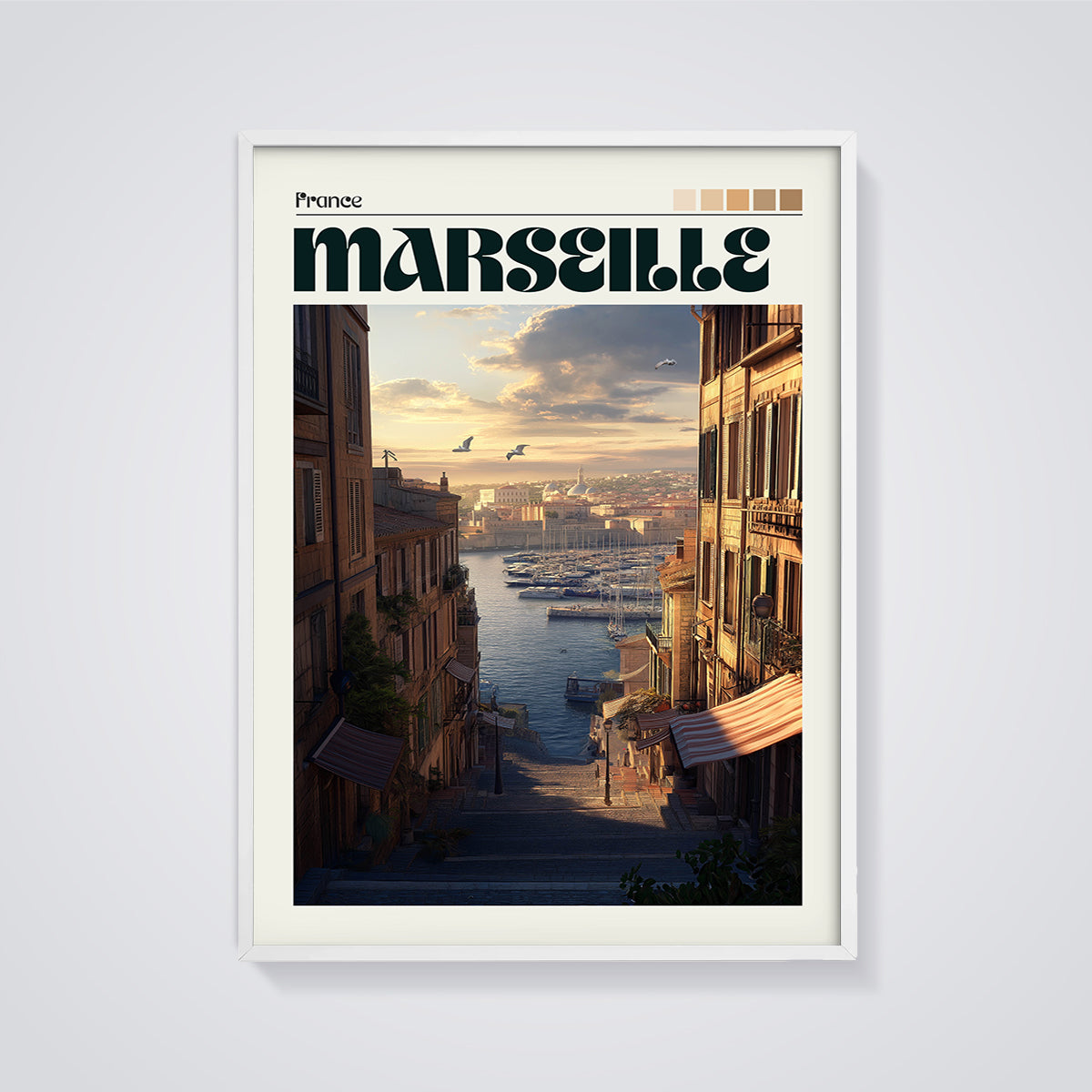 Marseille France Harbor View Print framed in white on a grey background