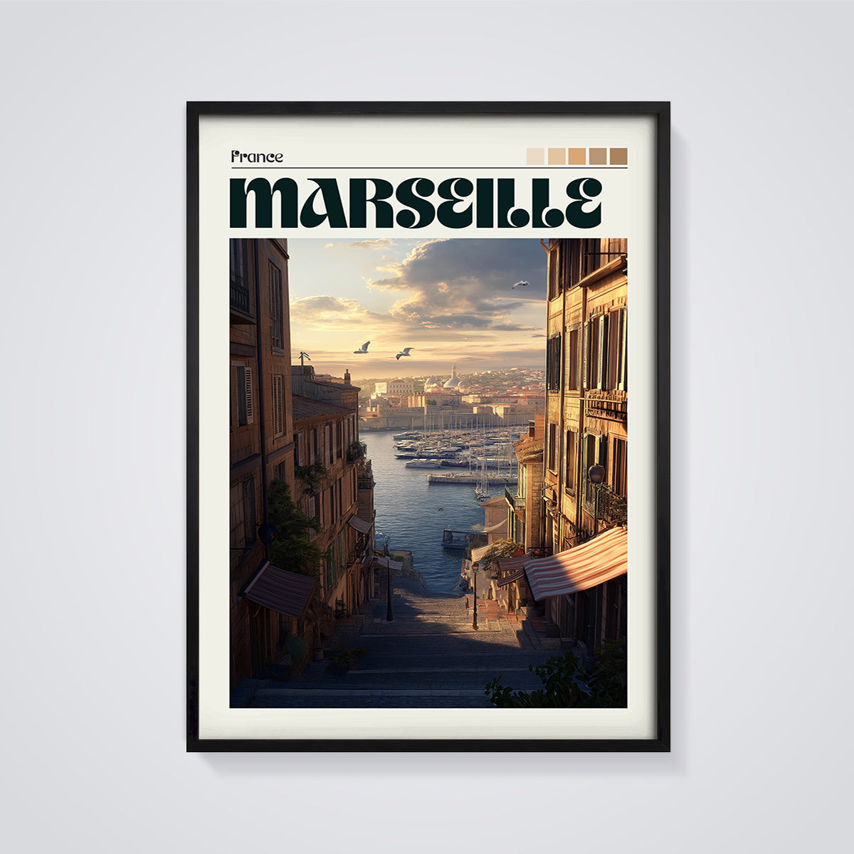 Marseille France Harbor View Print framed in black on a grey background