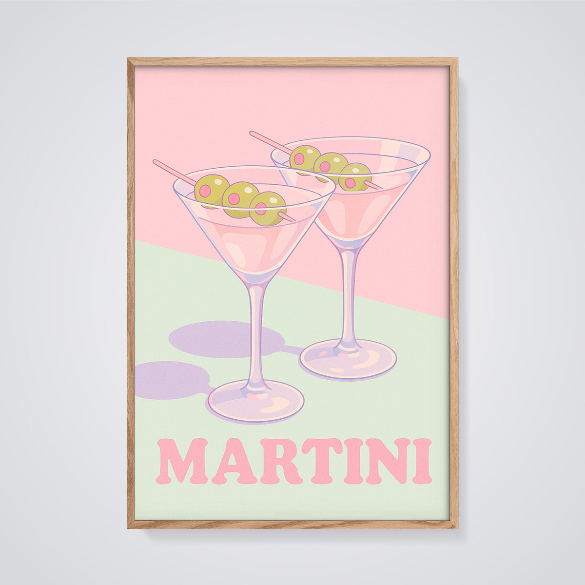 Martini Poster Print framed in oak on a grey background