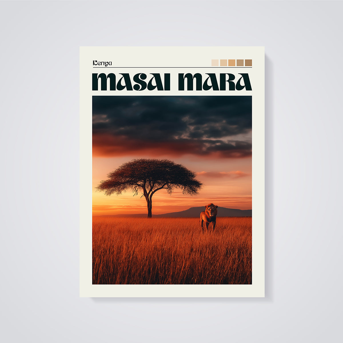 Masai Mara Sunset Lion Print unframed on a grey background