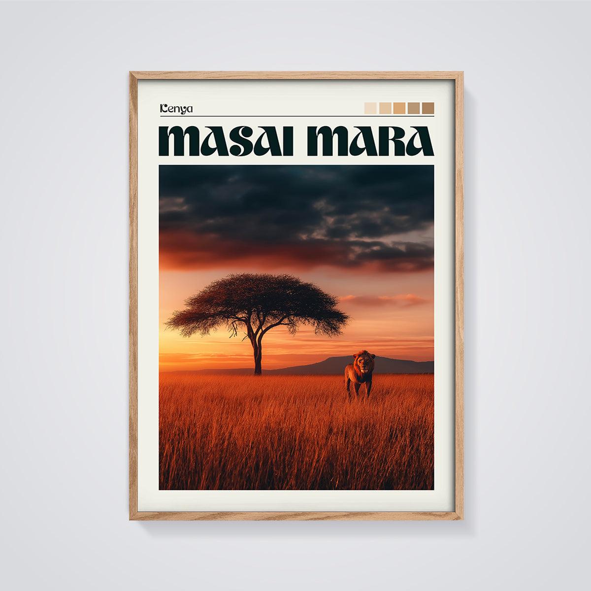 Masai Mara Sunset Lion Print framed in oak on a grey background