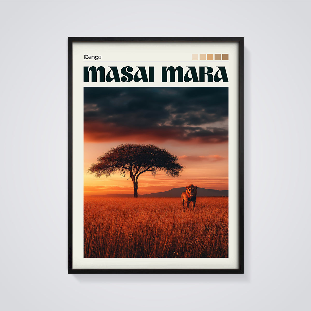 Masai Mara Sunset Lion Print framed in black on a grey background