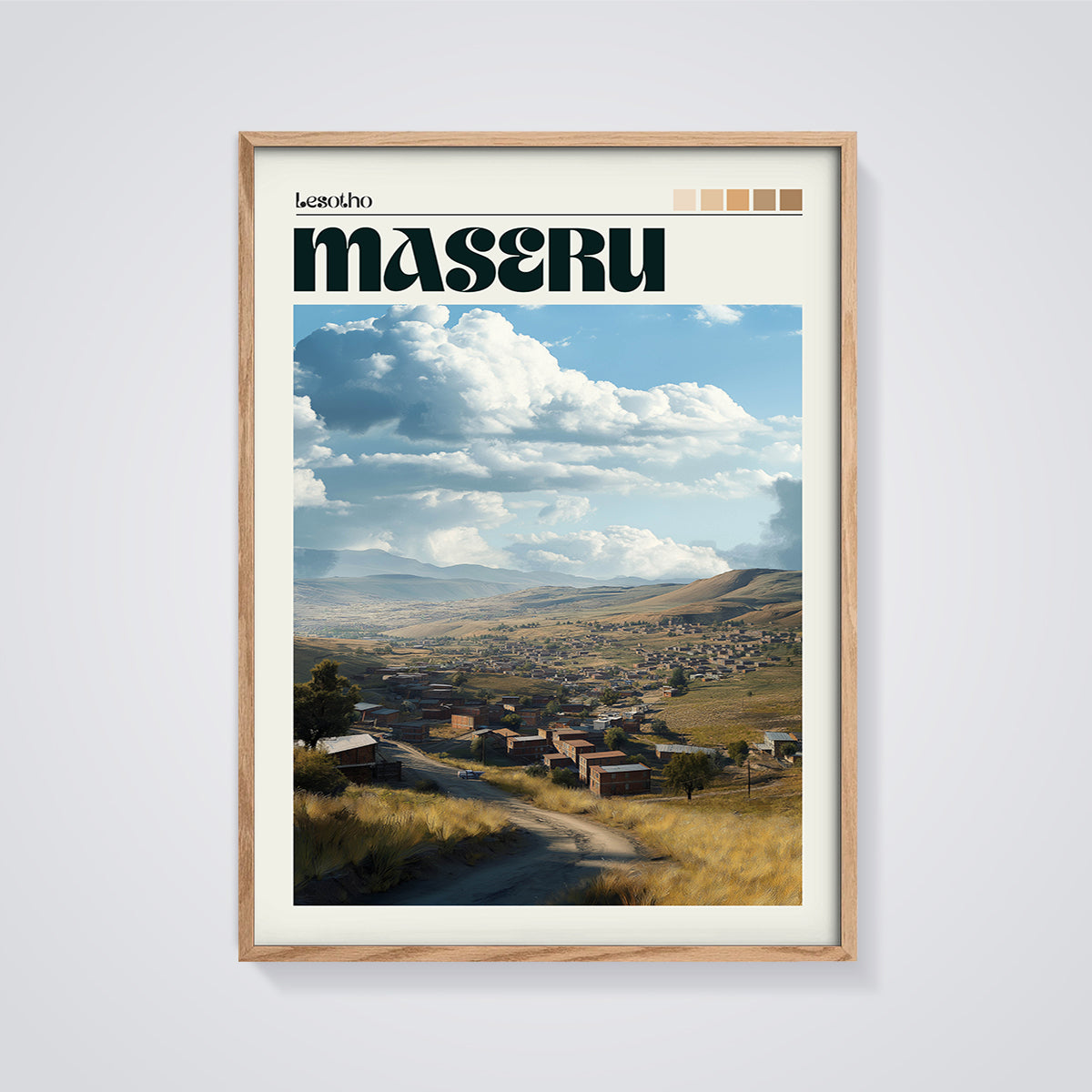 Maseru Lesotho Landscape Print framed in oak on a grey background