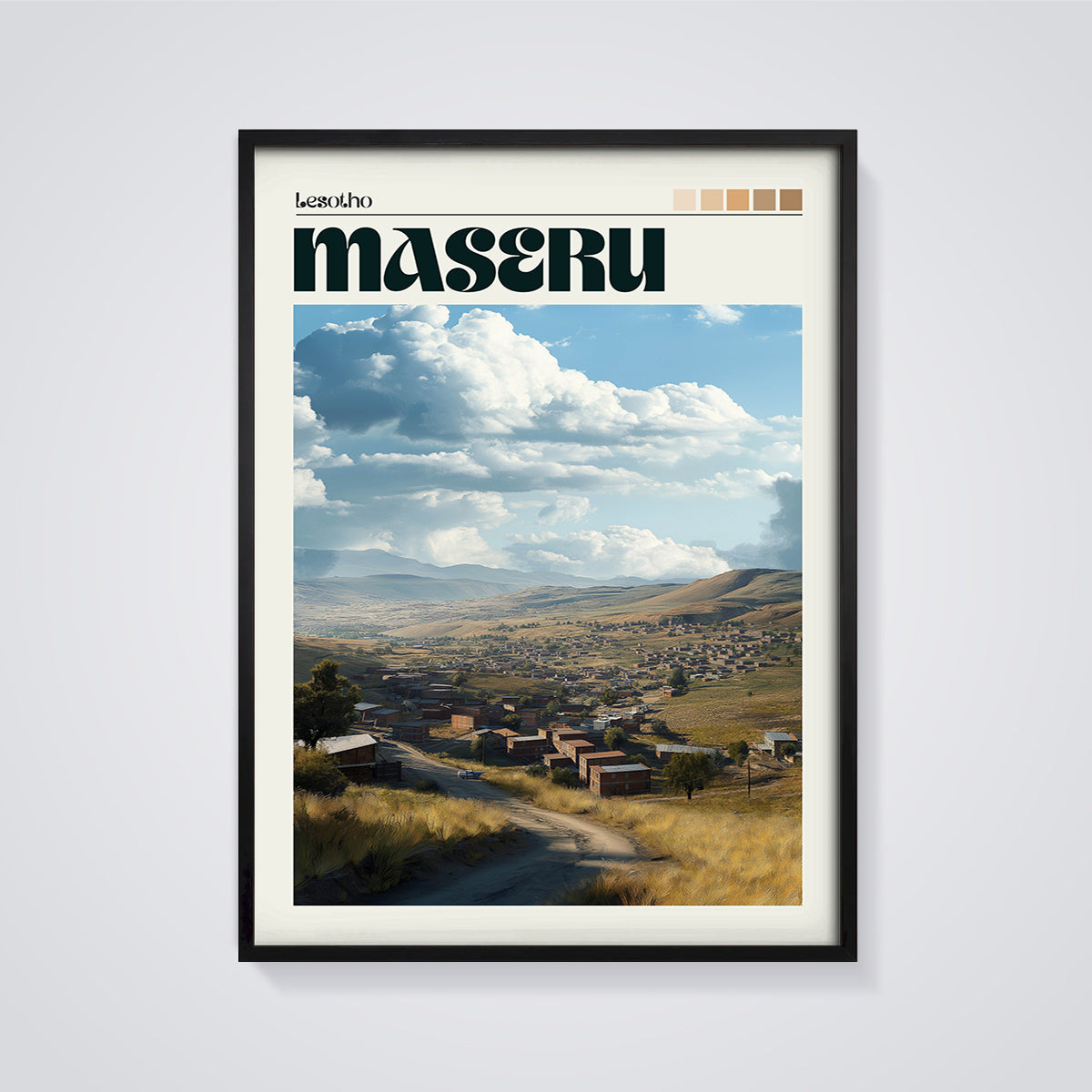 Maseru Lesotho Landscape Print framed in black on a grey background