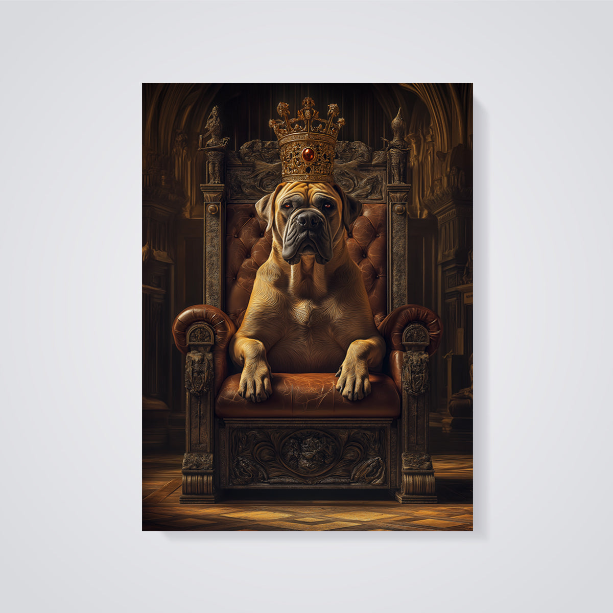 Mastiff King on Throne Print unframed on a grey background