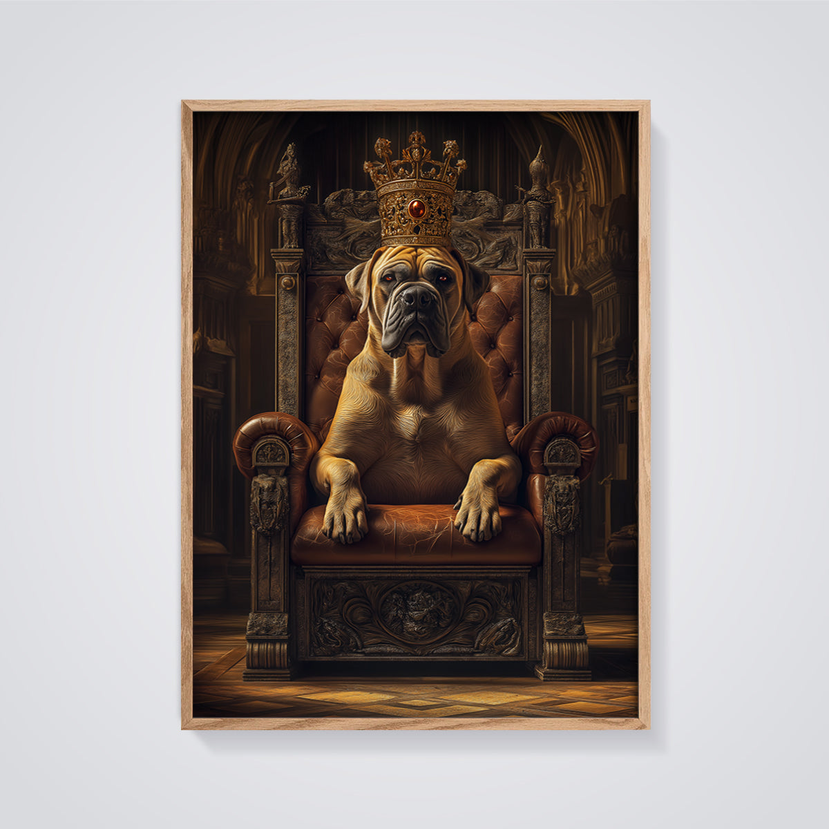 Mastiff King on Throne Print framed in oak on a grey background