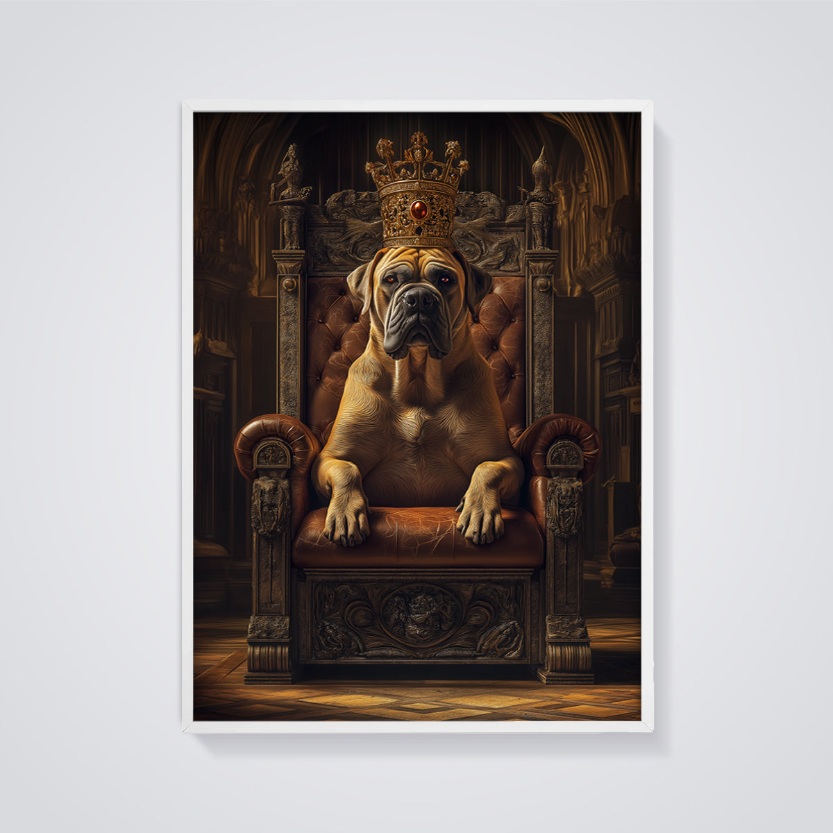 Mastiff King on Throne Print framed in white on a grey background