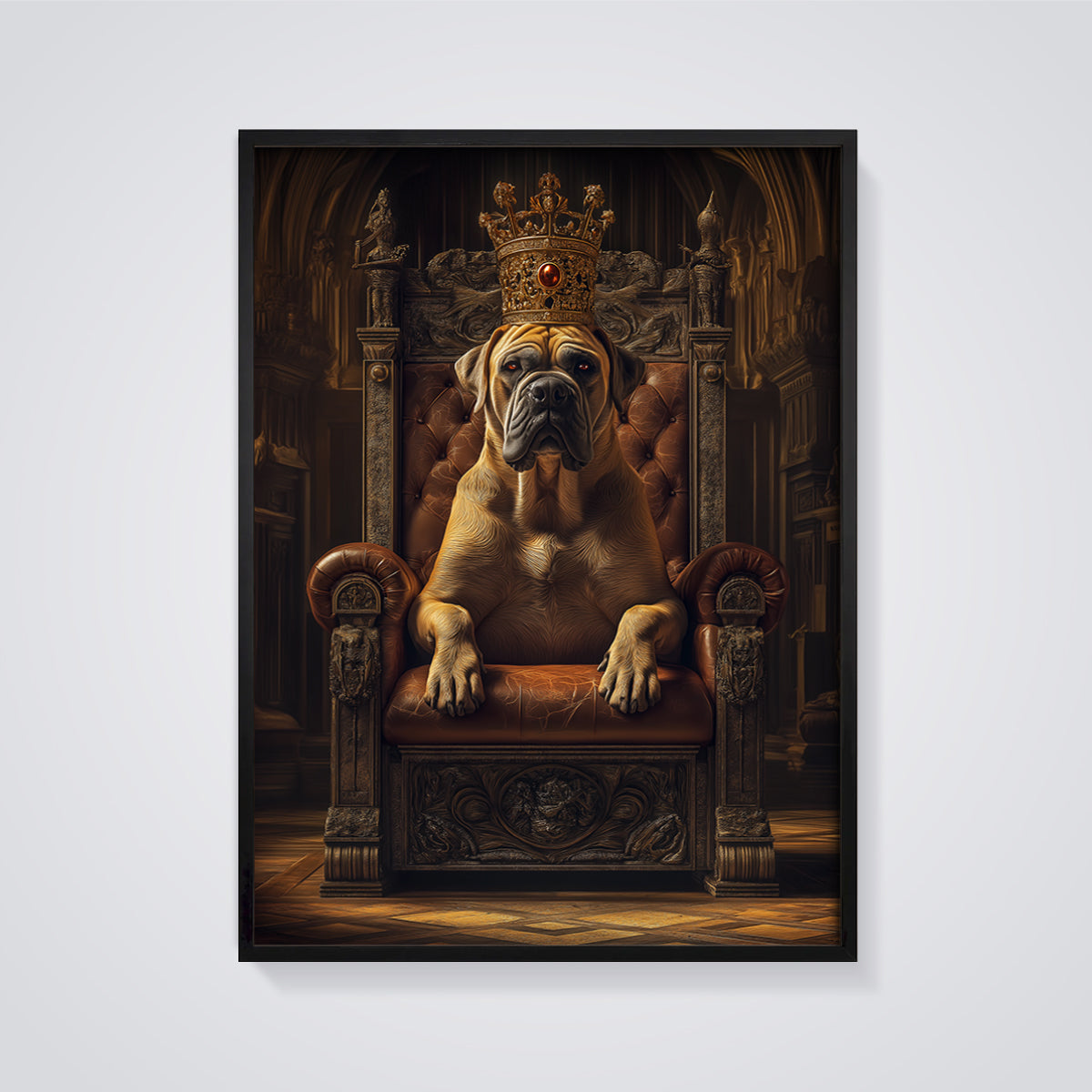 Mastiff King on Throne Print framed in black on a grey background