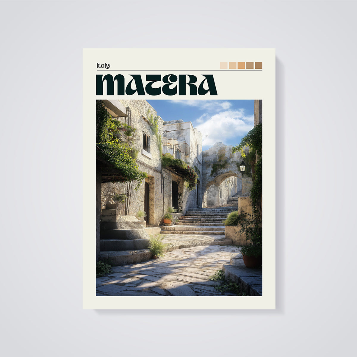 Matera Italy Street Print unframed on a grey background
