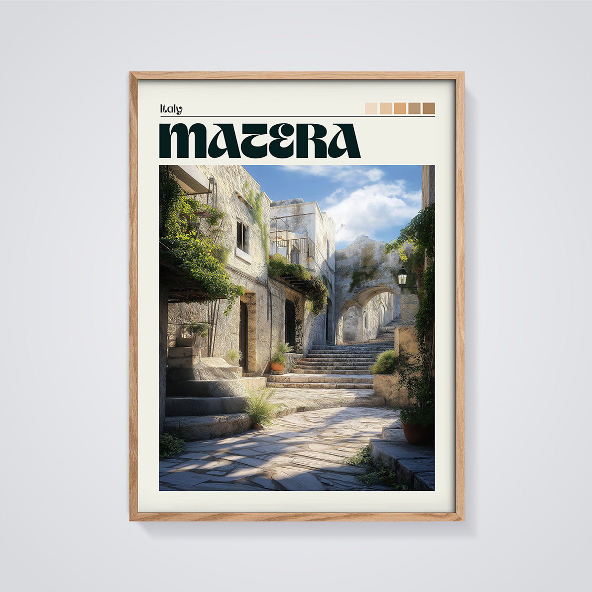 Matera Italy Street Print framed in oak on a grey background