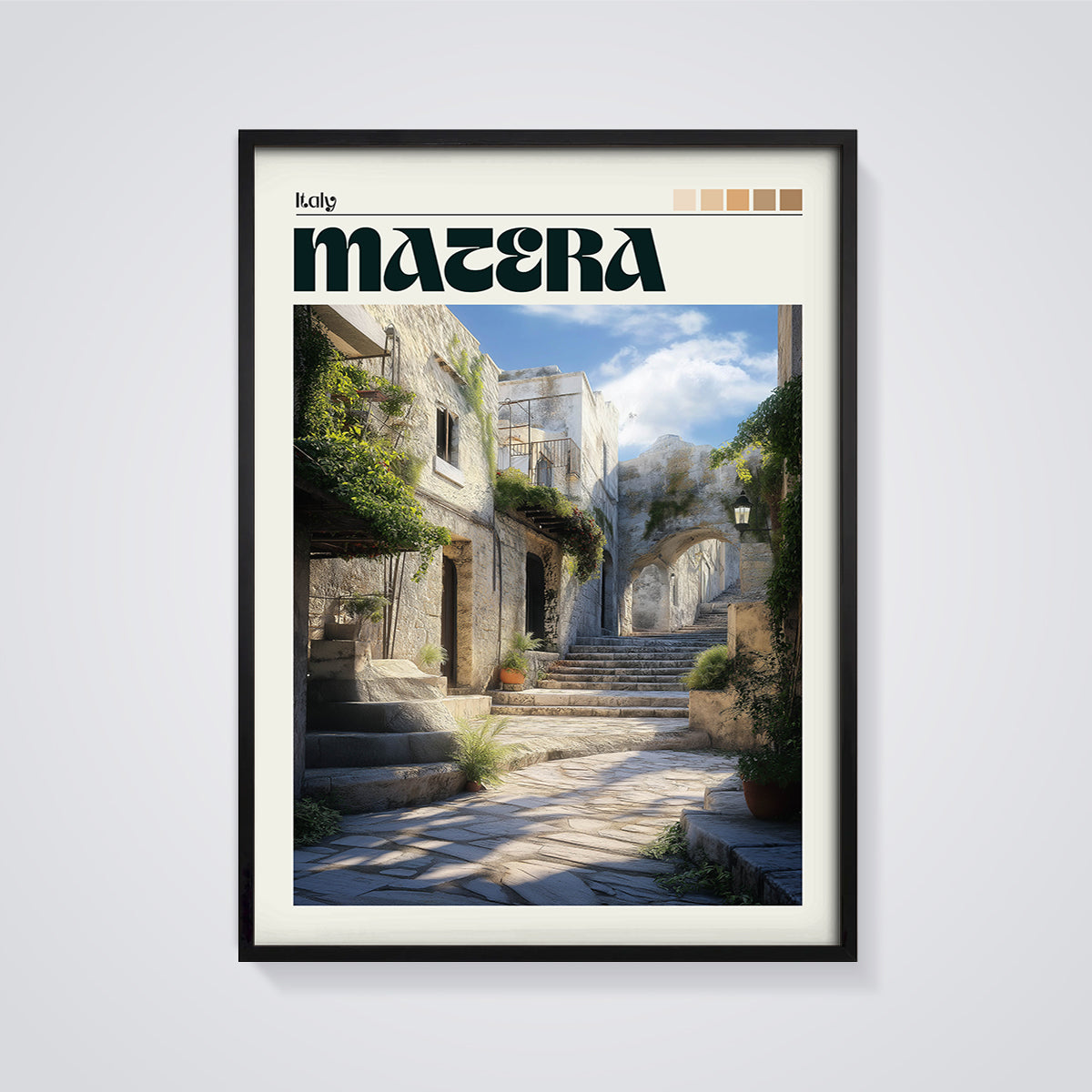 Matera Italy Street Print framed in black on a grey background