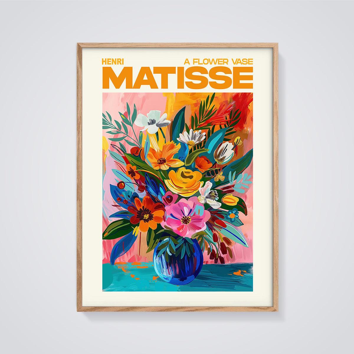 Matisse A Flower Vase Print framed in oak on a grey background
