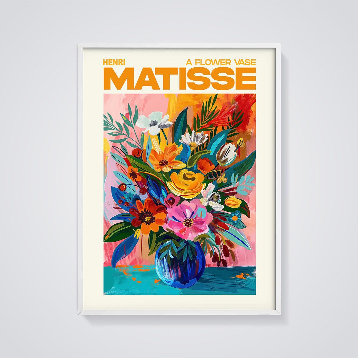 Matisse A Flower Vase Print framed in white on a grey background