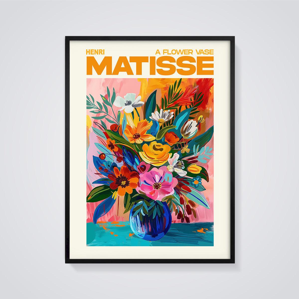 Matisse A Flower Vase Print framed in black on a grey background