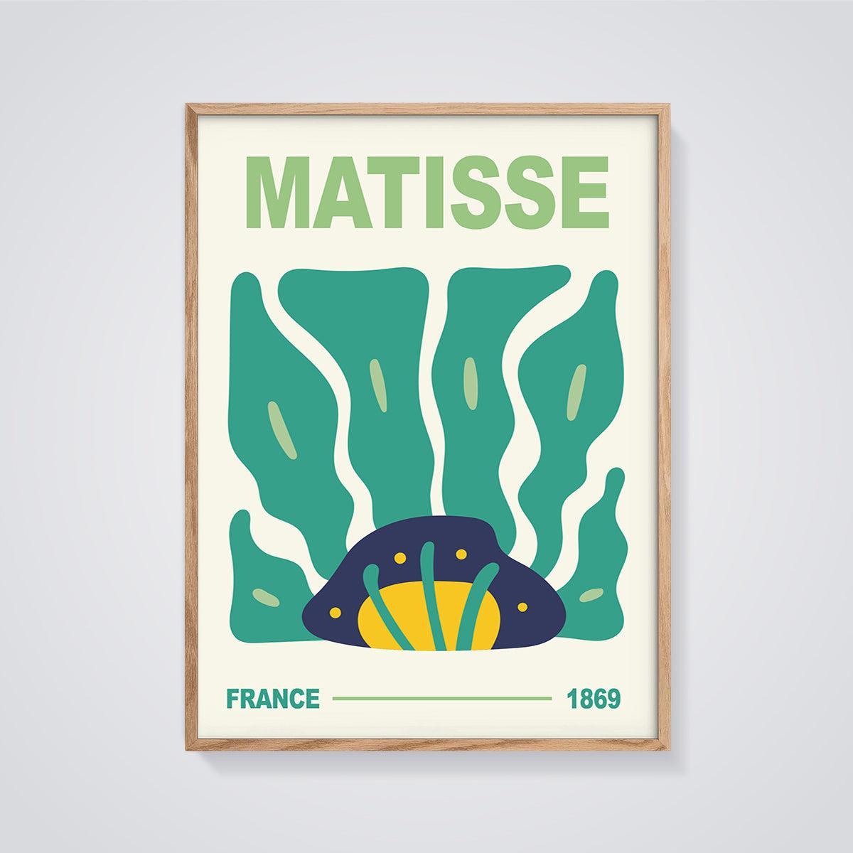 Matisse Abstract Leaf Print framed in oak on a grey background