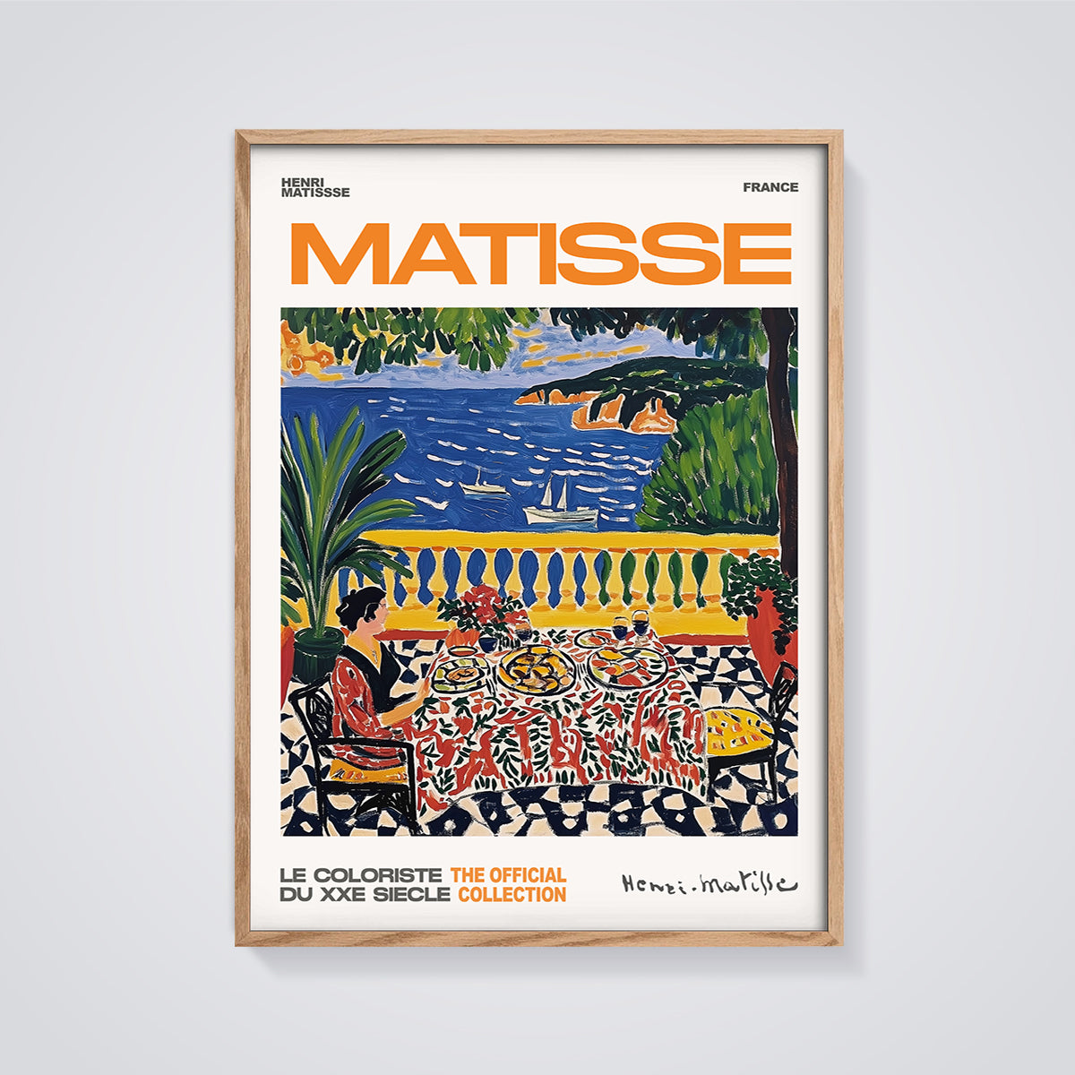 Matisse Balcony Dining View Print framed in oak on a grey background