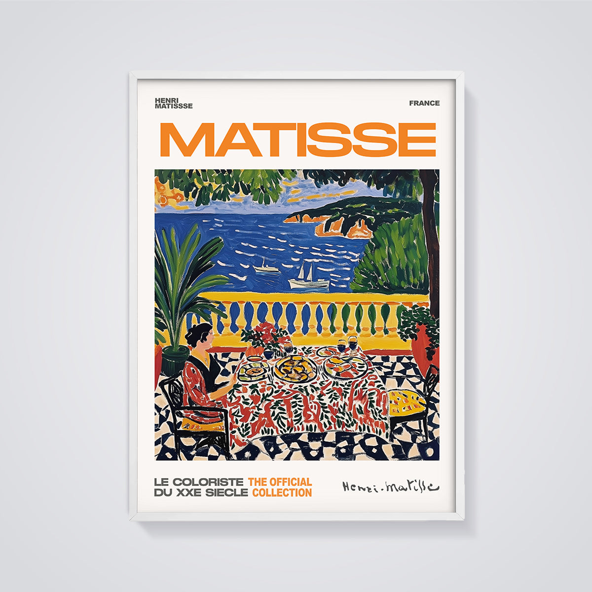 Matisse Balcony Dining View Print framed in white on a grey background