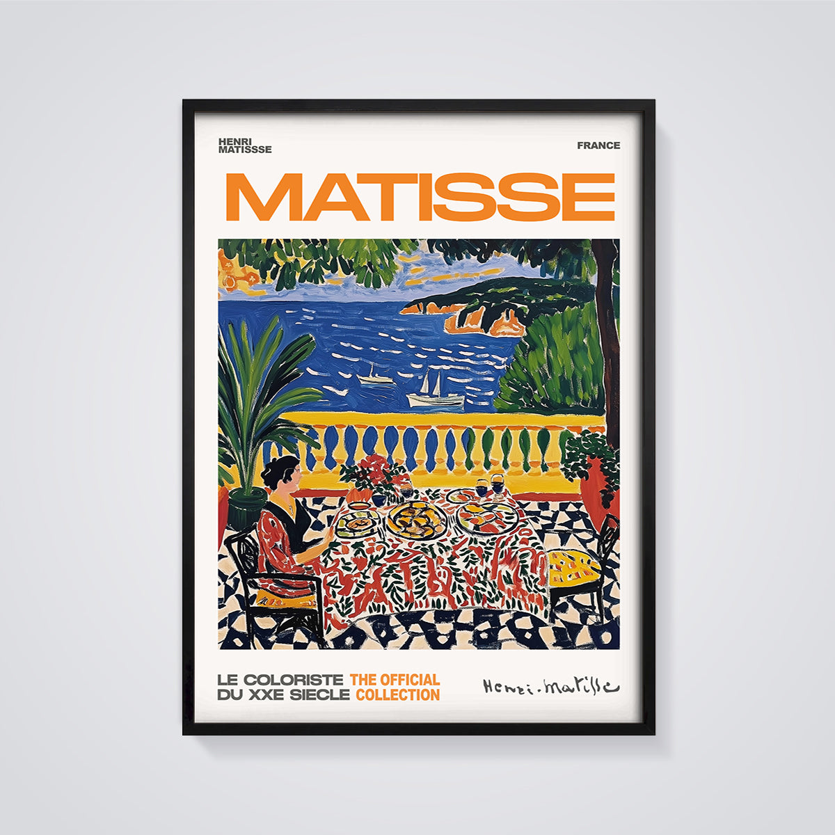 Matisse Balcony Dining View Print framed in black on a grey background