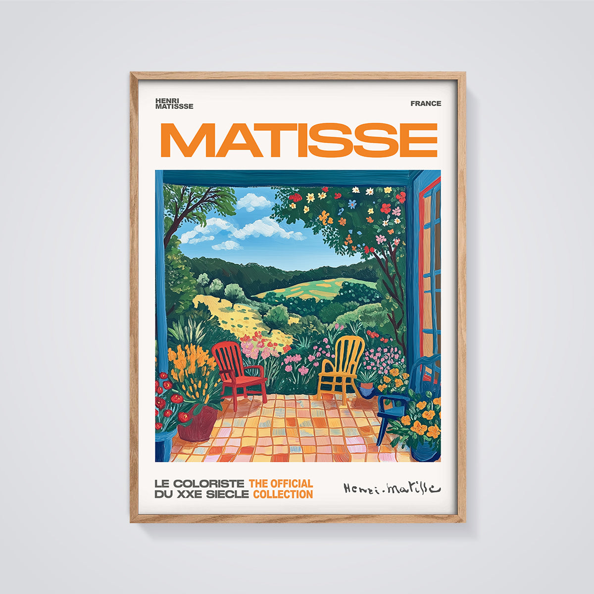 Matisse Balcony Garden View Print framed in oak on a grey background