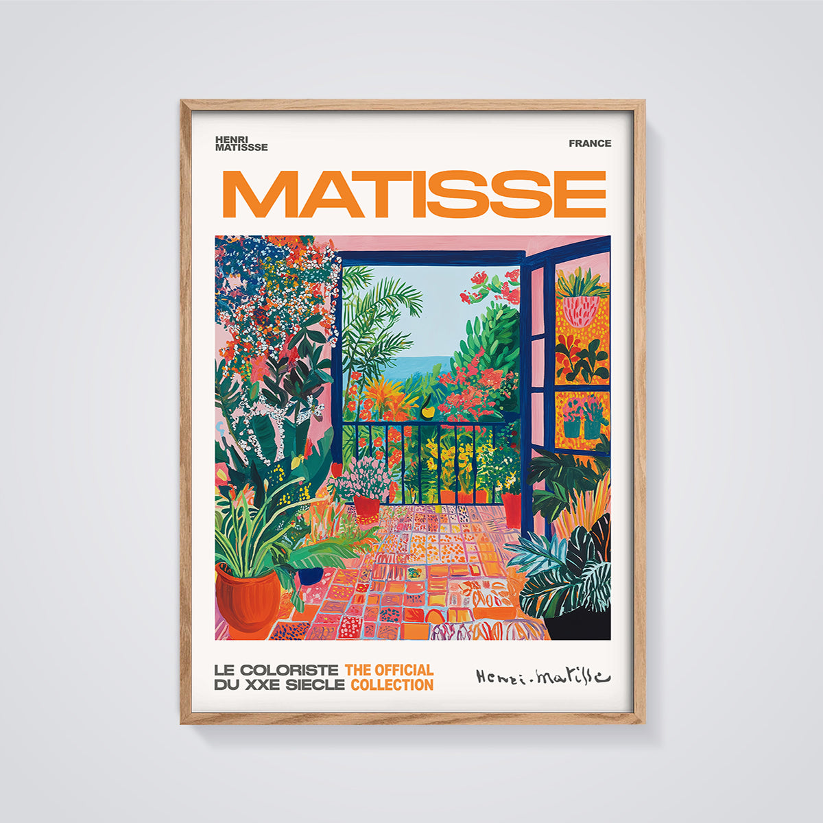Matisse Balcony Garden View Print Aesthetic framed in oak on a grey background