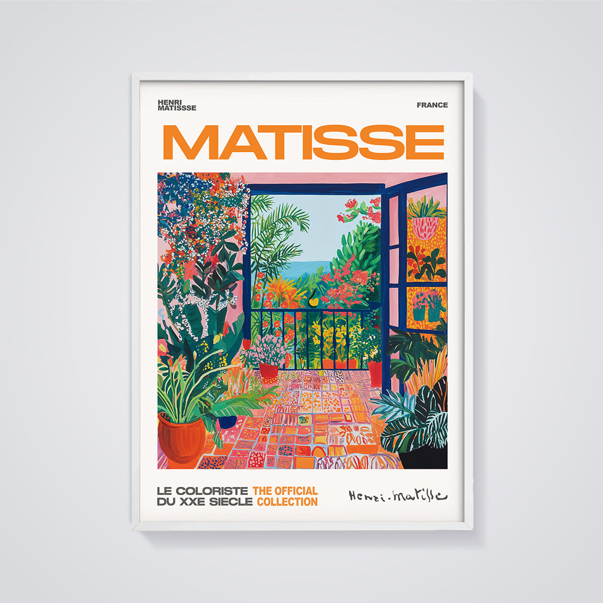 Matisse Balcony Garden View Print Aesthetic framed in white on a grey background