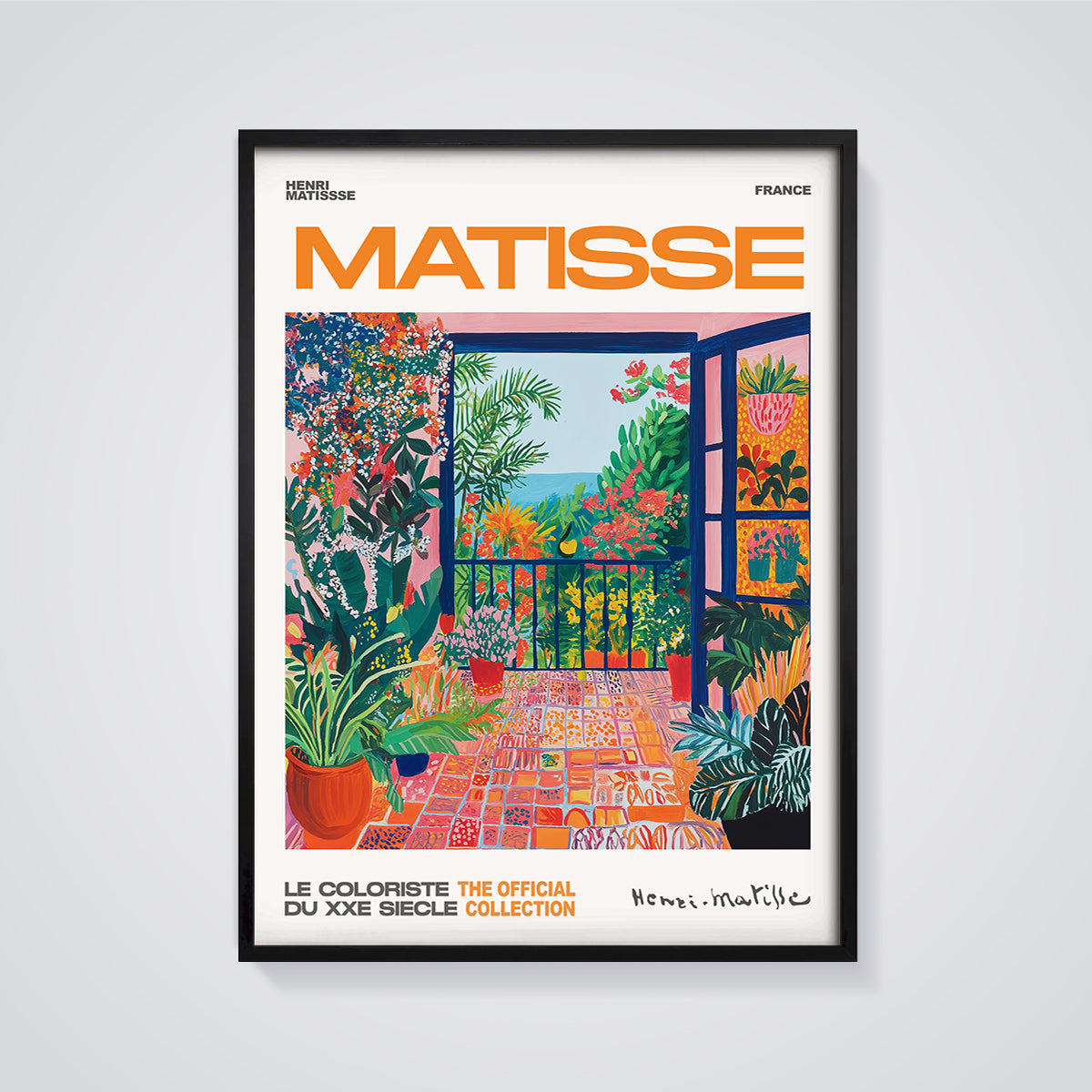 Matisse Balcony Garden View Print Aesthetic framed in black on a grey background