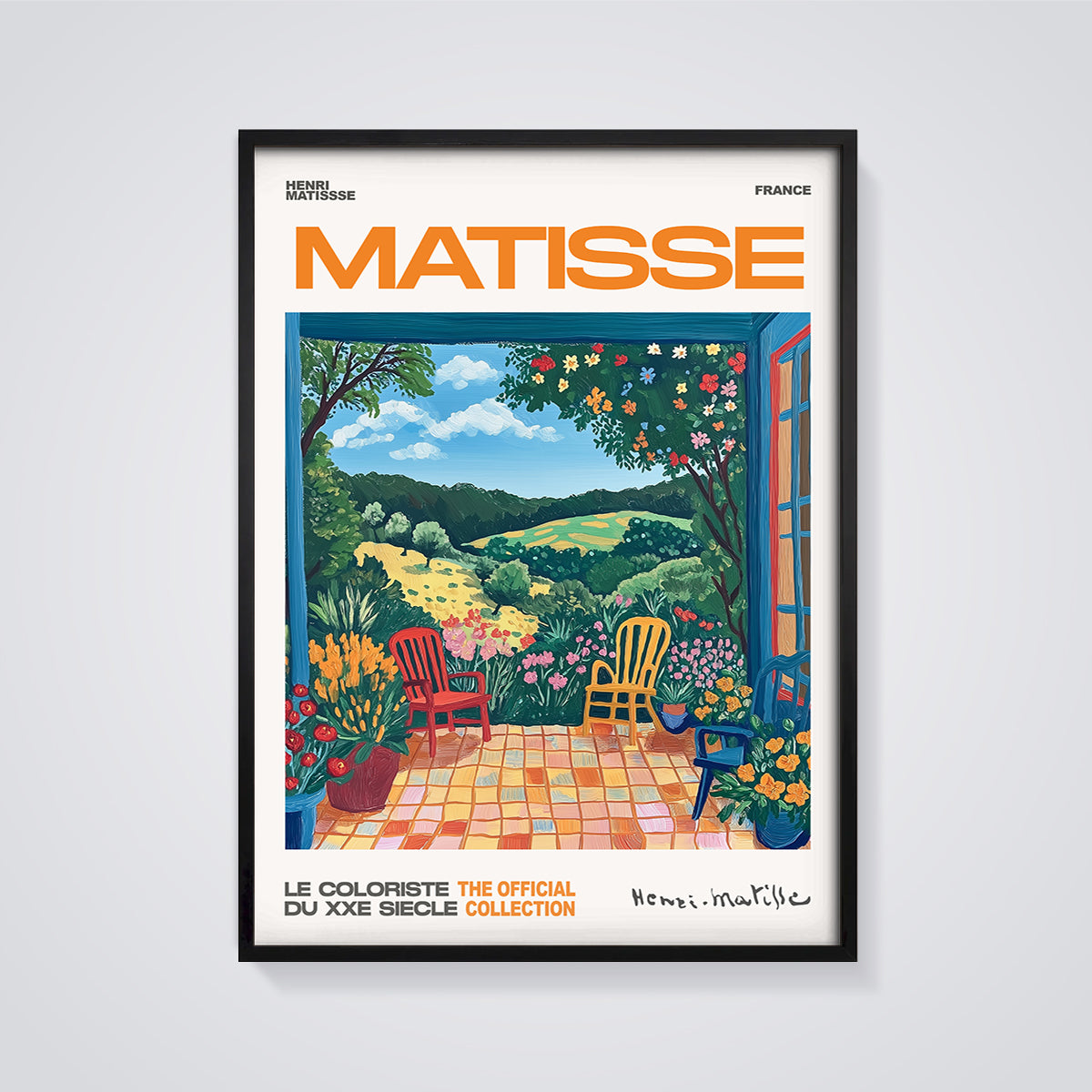 Matisse Balcony Garden View Print framed in black on a grey background
