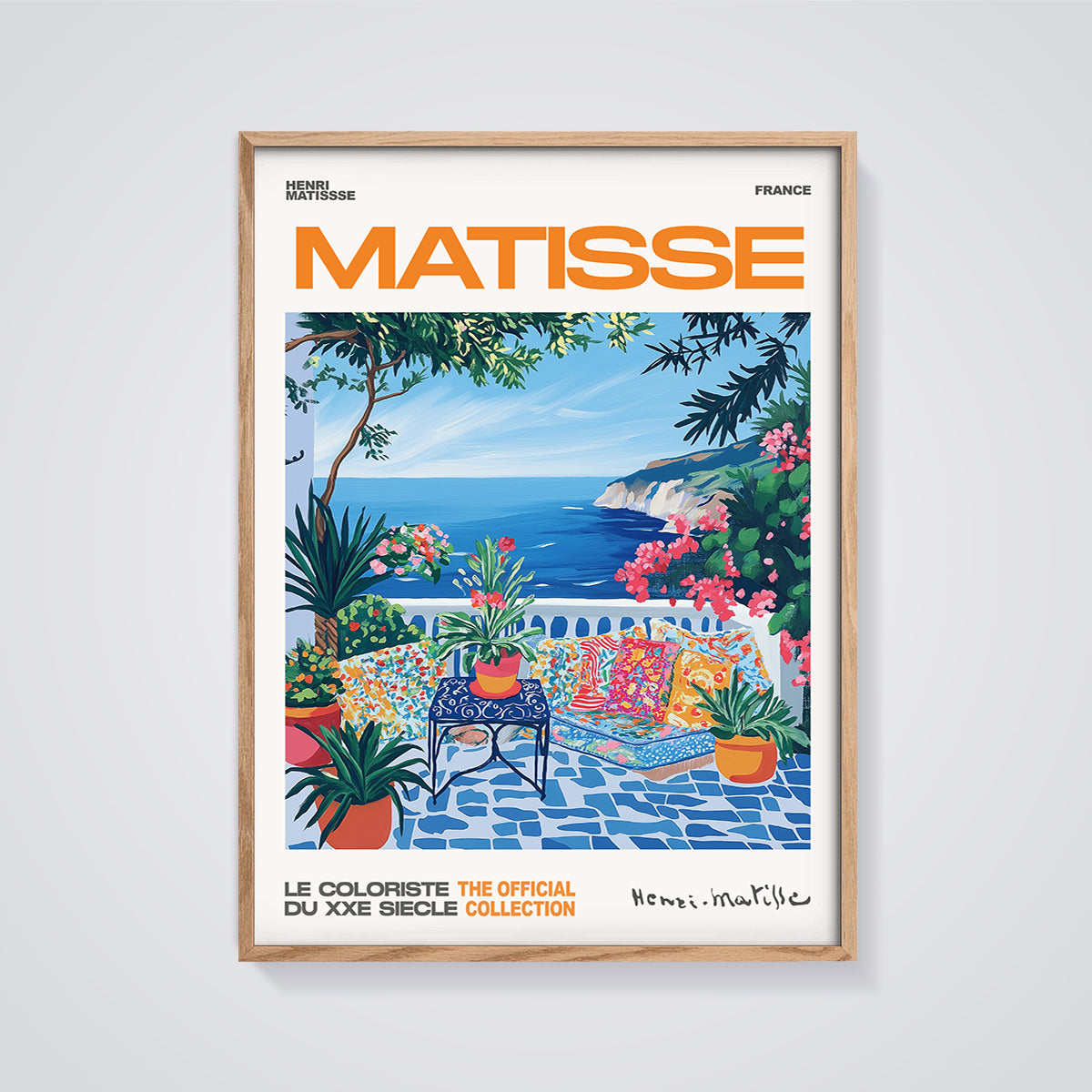 Matisse Balcony Ocean View Print framed in oak on a grey background