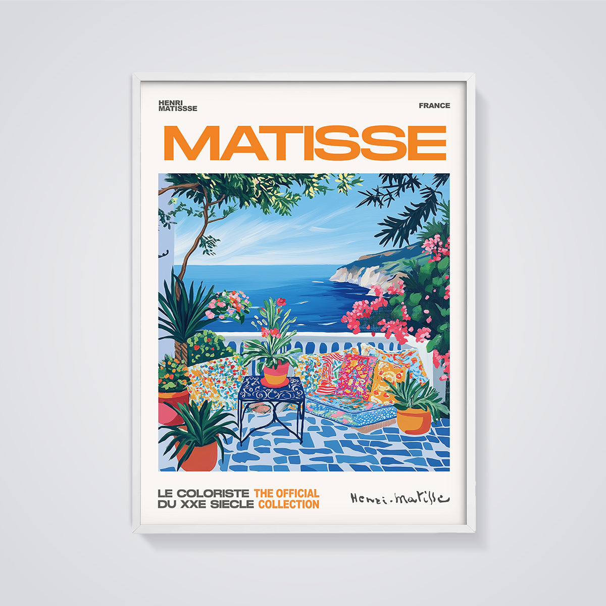 Matisse Balcony Ocean View Print framed in white on a grey background