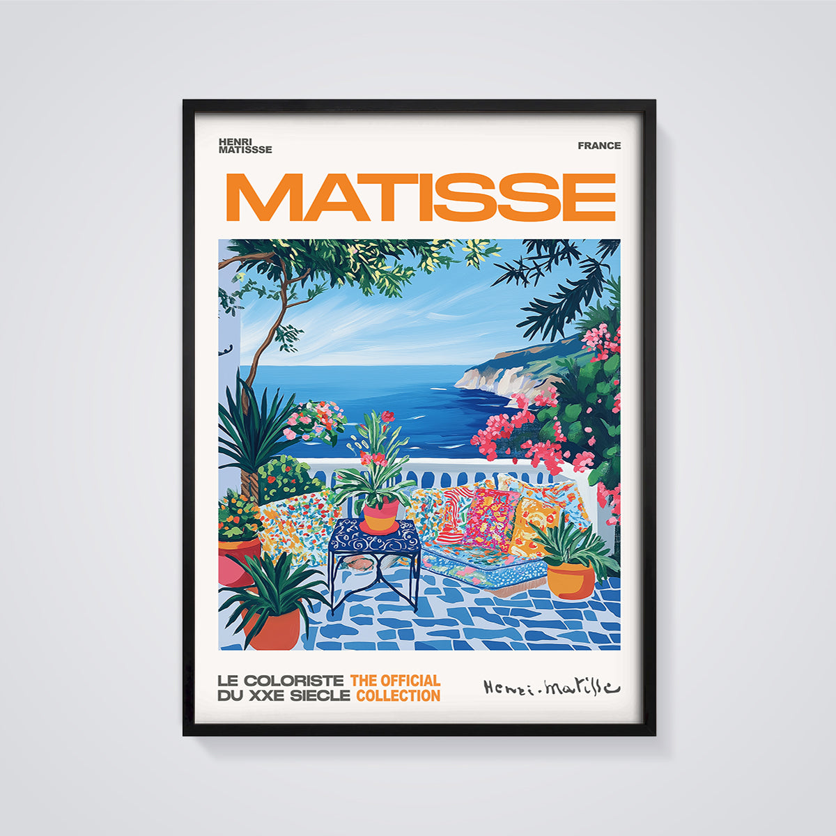 Matisse Balcony Ocean View Print framed in black on a grey background