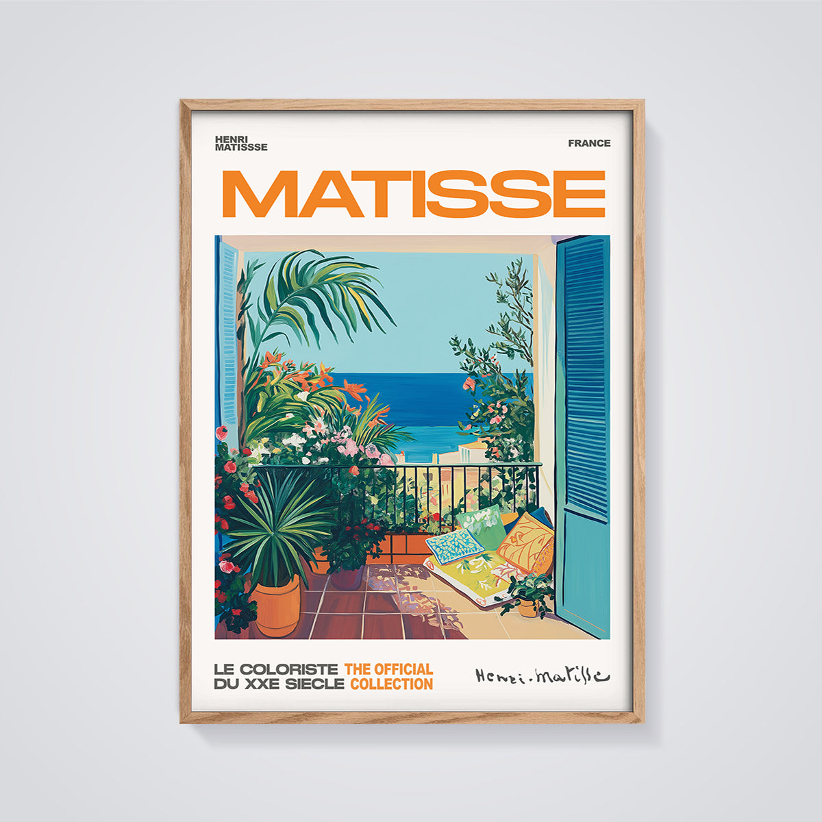 Matisse Balcony Sea View Print framed in oak on a grey background