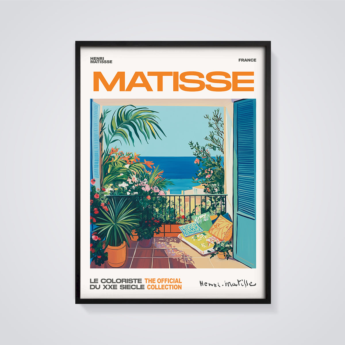 Matisse Balcony Sea View Print framed in black on a grey background