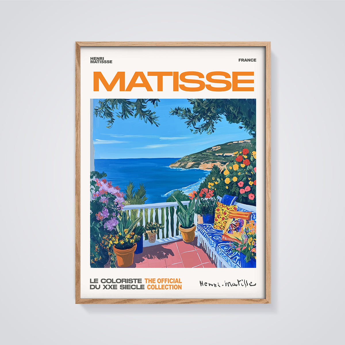 Matisse Balcony Seascape Print framed in oak on a grey background
