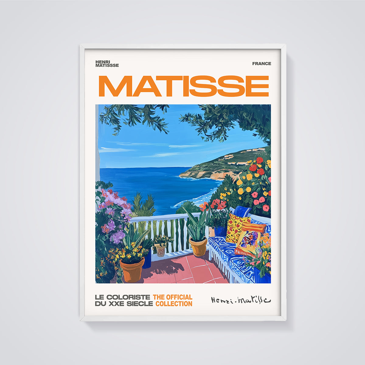 Matisse Balcony Seascape Print framed in white on a grey background