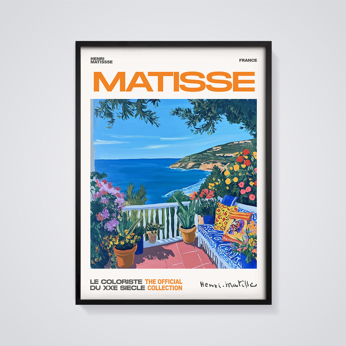Matisse Balcony Seascape Print framed in black on a grey background