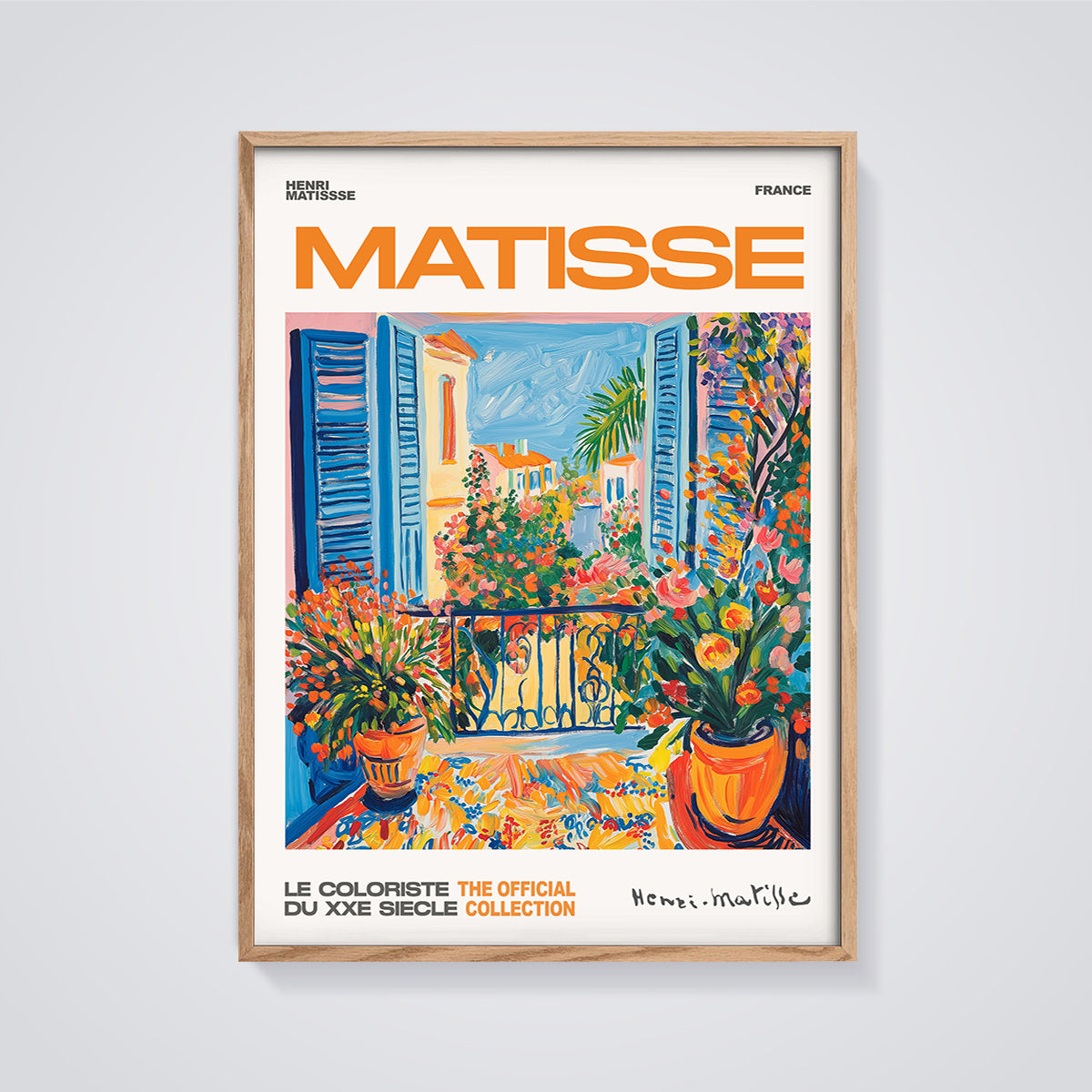 Matisse Balcony View Print framed in oak on a grey background