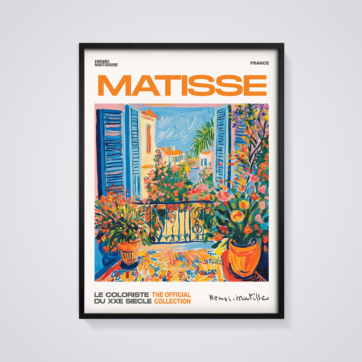 Matisse Balcony View Print framed in black on a grey background