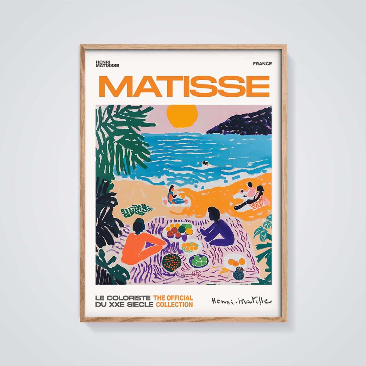 Matisse Beach Picnic Print framed in oak on a grey background